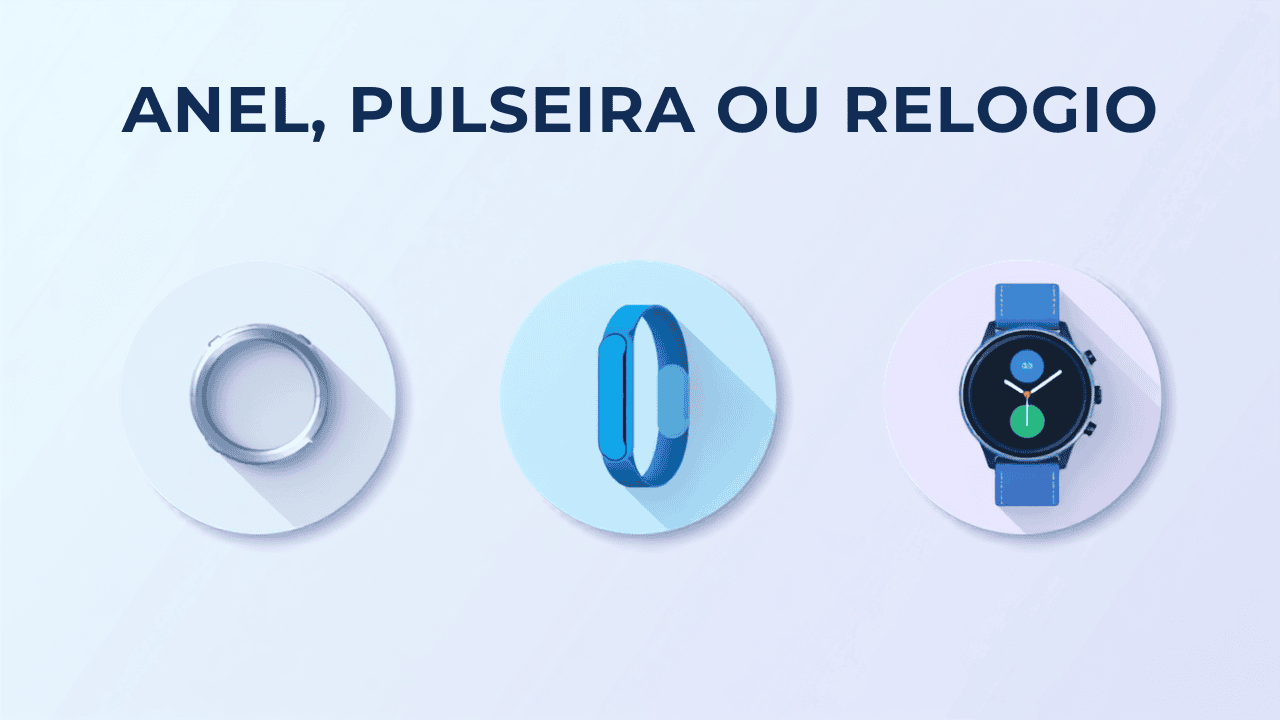 Anel inteligente, pulseira fitness e smartwatch lado a lado para comparacao