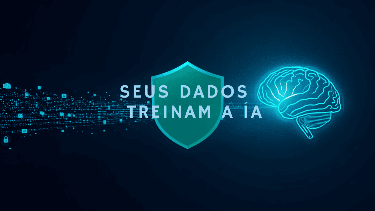 Fluxo de dados indo para um cerebro de IA com um escudo verde bloqueando no meio