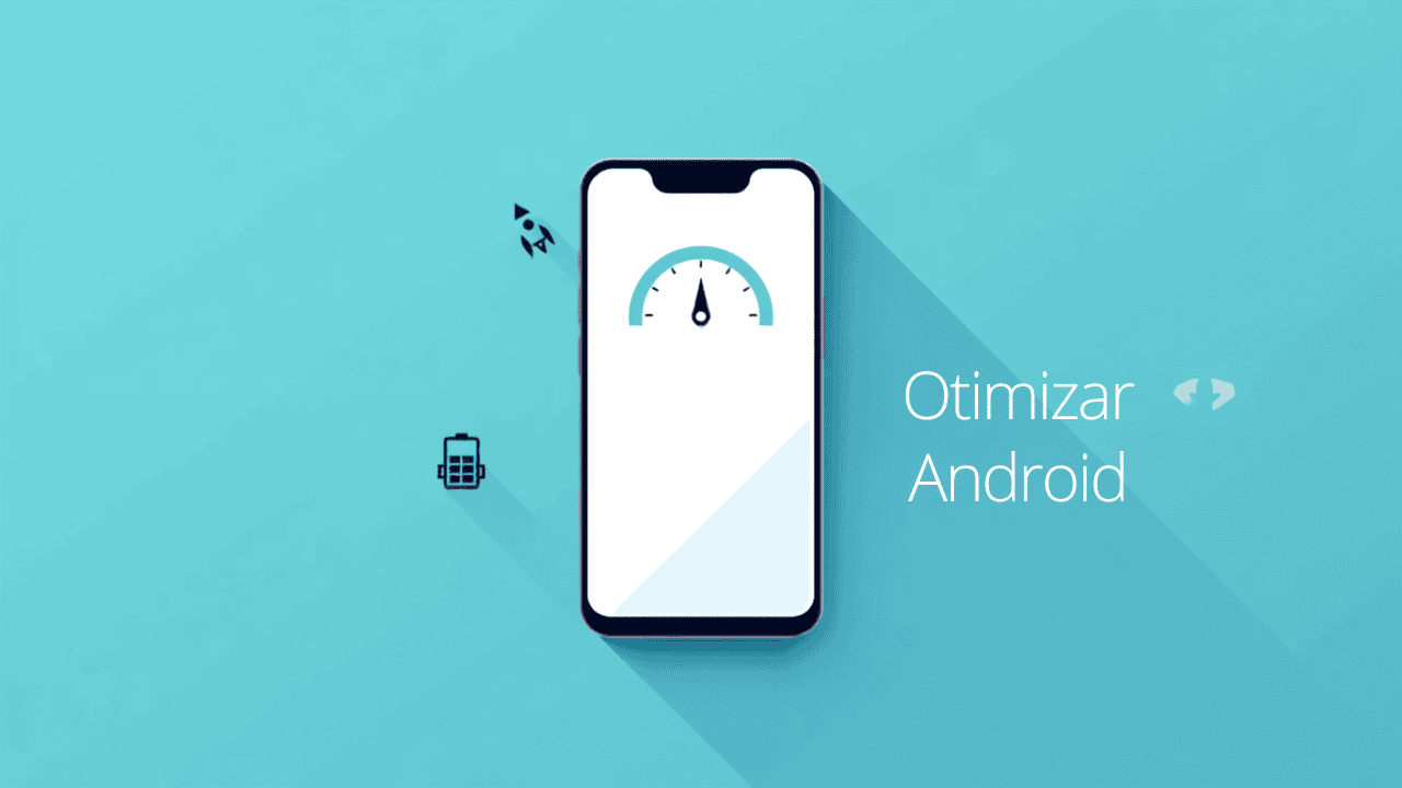 Ilustração de um celular com velocímetro na tela e ícones de foguete e bateria, representando otimização do Android.