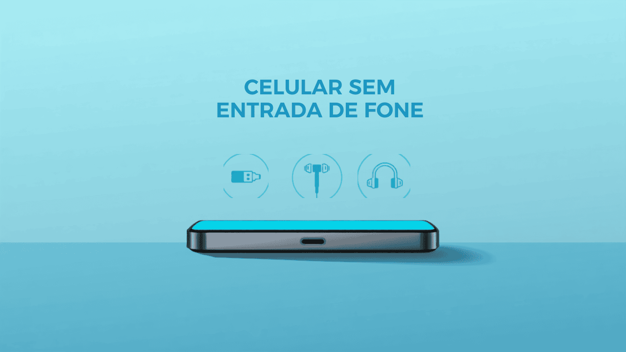 Celular com entrada USB-C e as 3 solucoes de fone: adaptador, fone com fio e headphone