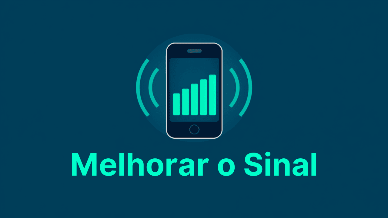 Ilustração de um celular com barras de sinal fortes e ondas, representando melhora do sinal.