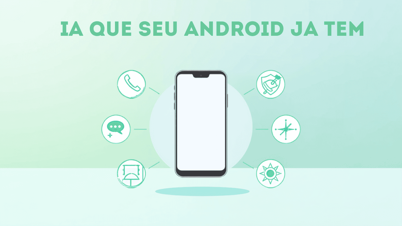 Celular Android com 6 icones de recursos de IA ao redor, sobre fundo verde