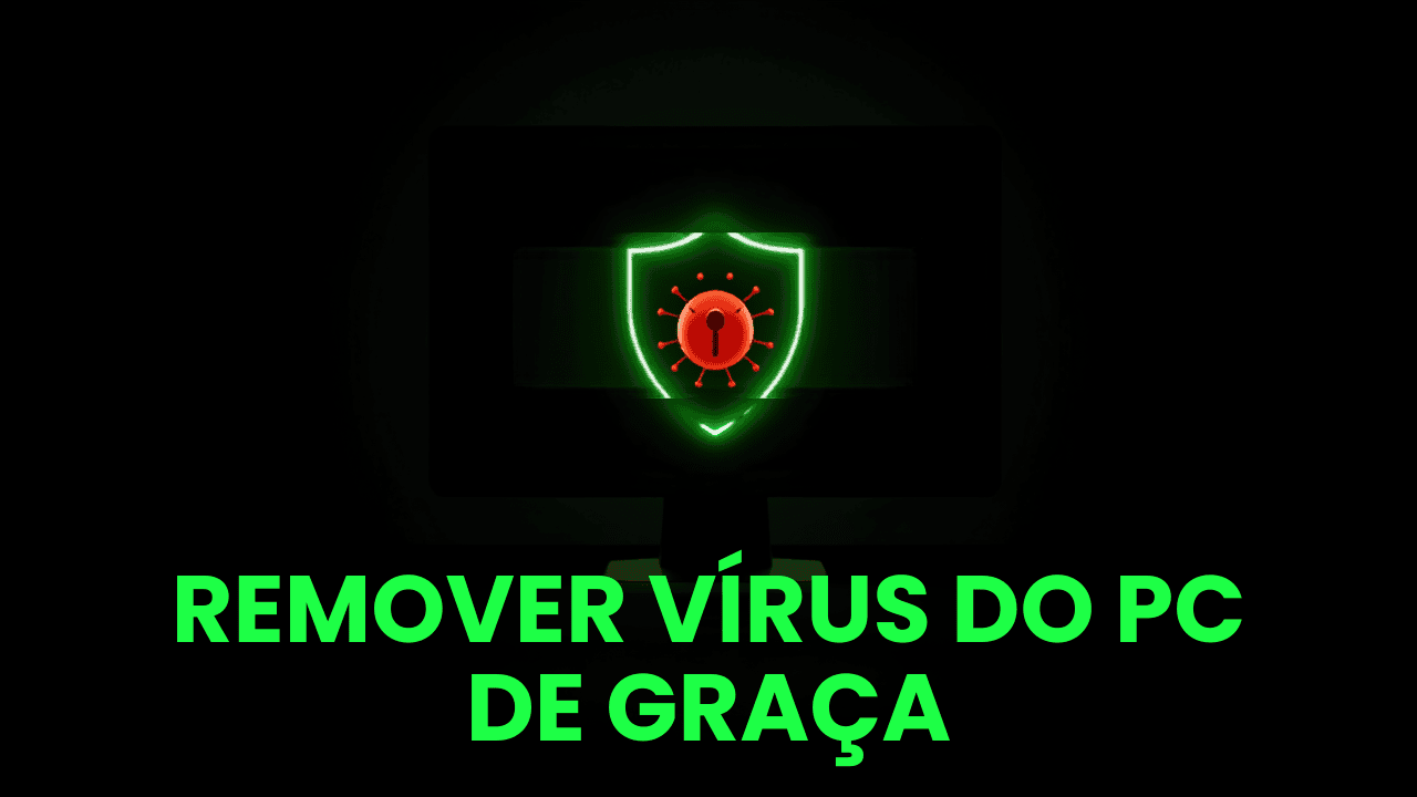 Monitor de PC com escudo e simbolo de virus e o texto Remover Virus do PC de Graca